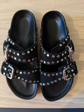 Isabel Marant Black Leather Slide Sandals with Embossed Logo